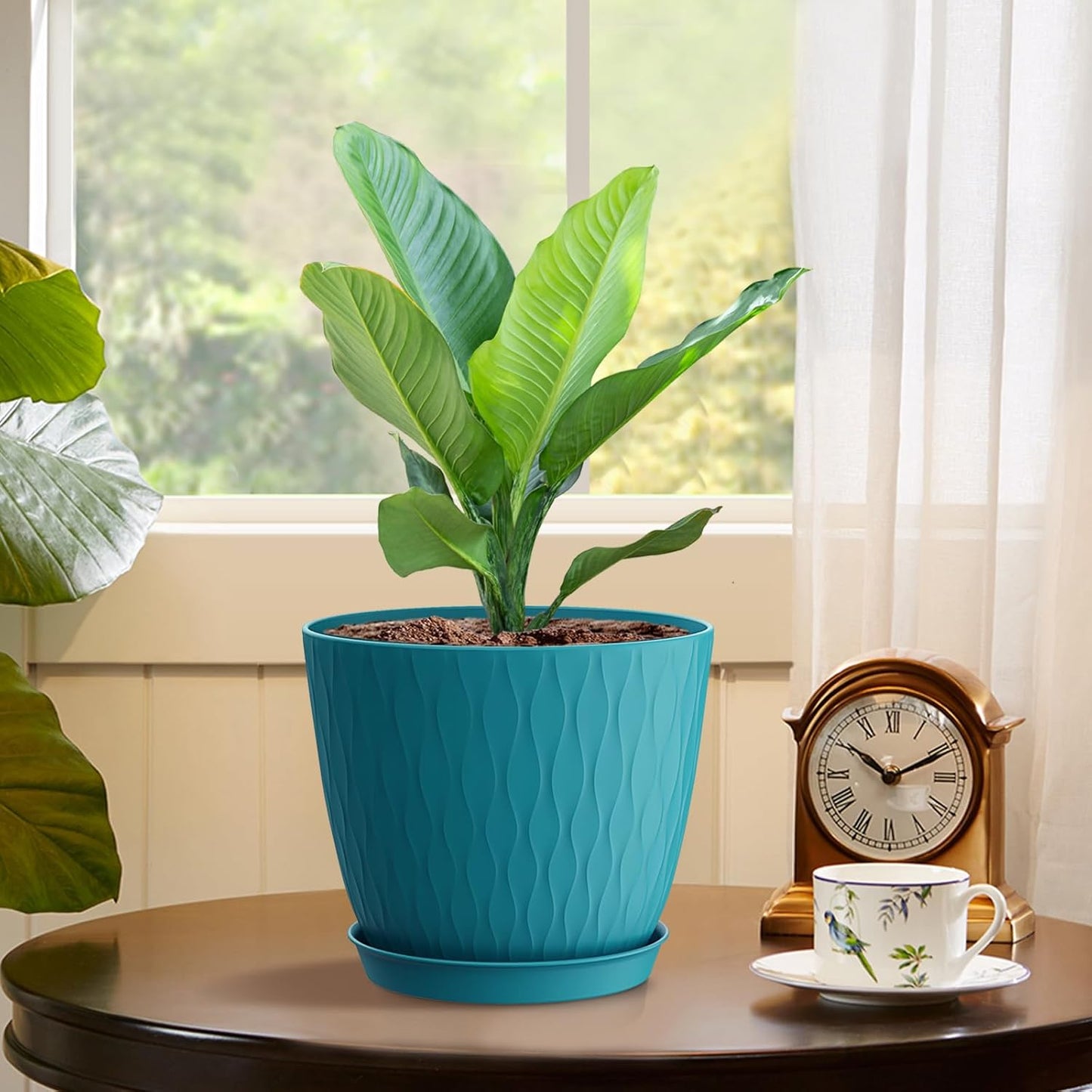 6 inch Plant Pots, 5 Pack Flower Pots with Drainage Holes and Saucers for Indoor Plants, Plastic Planters with Water Ripple for Small Garden House Plants, Nursery Pots for Succulent, Blue Green