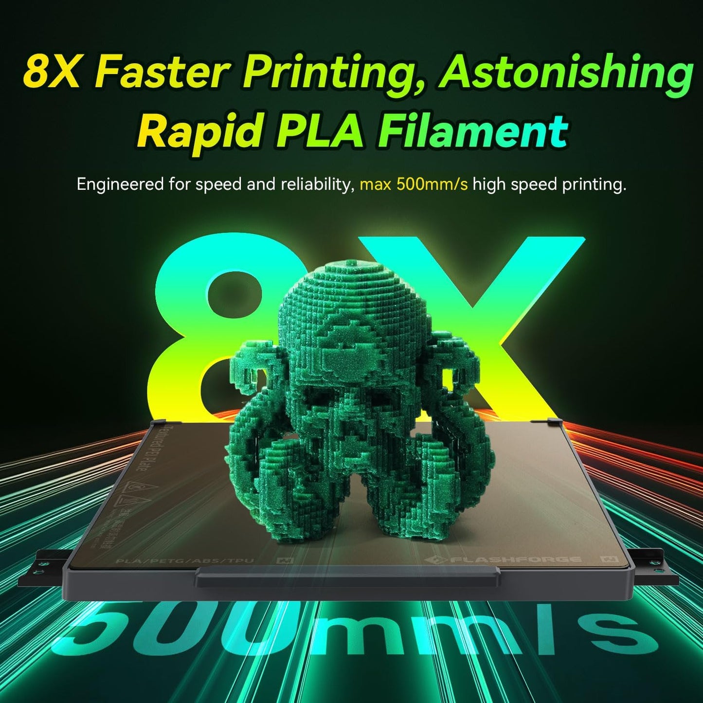 FLASHFORGE Xmas Series Rapid PLA Filament Aurora Green, High Flow Speedy 3D Printer Filament Max 500mm/s High-Speed Printing, Radiated Unparalleled Brilliance, Twinkling and Ultra-Smooth Finish