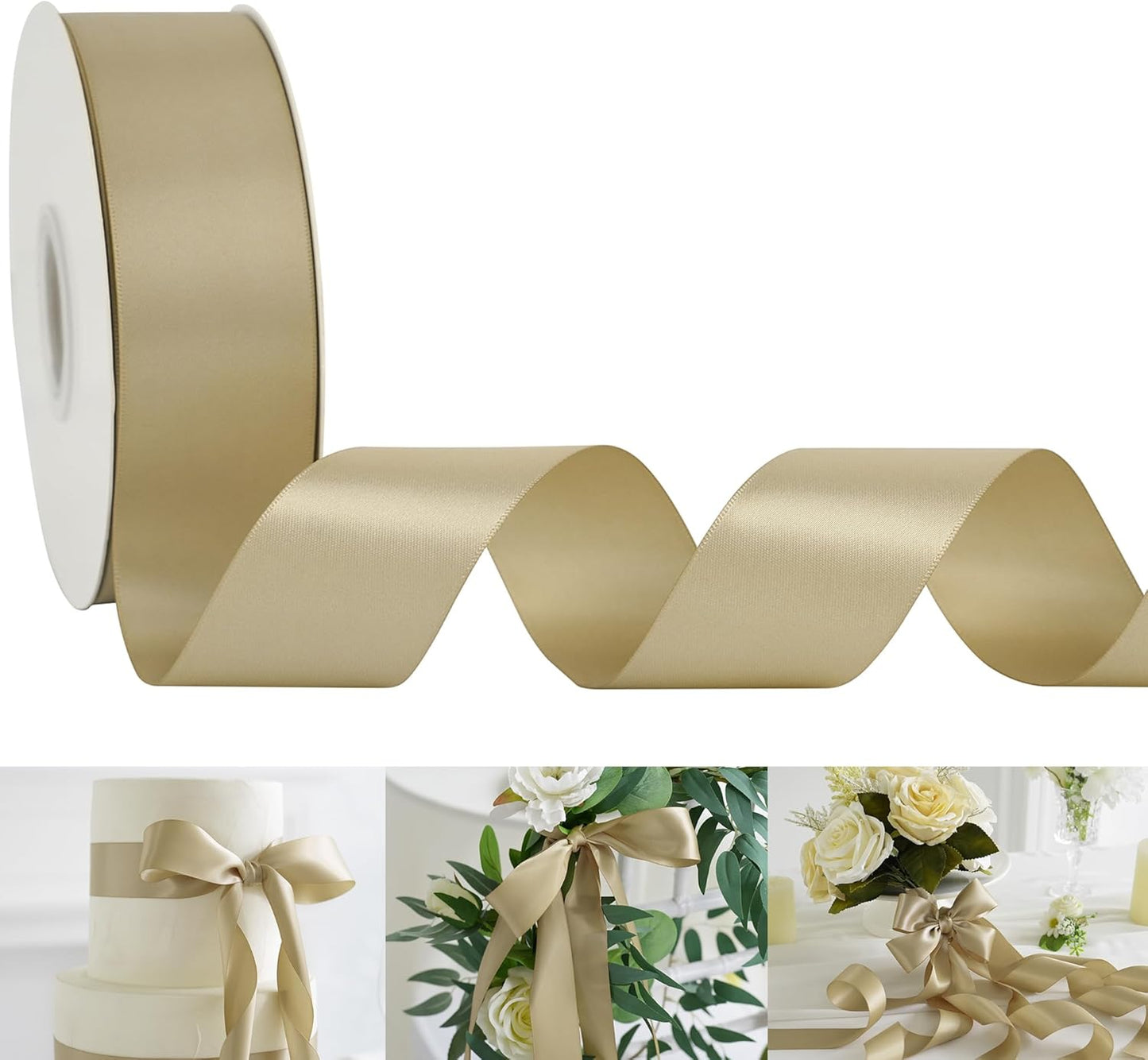 HUIHUANG Champagne Gold Satin Ribbon 1-1/2 inch x 50 Yards Champagne Double-Faced Satin Ribbon for Gift Wrapping, Bows, Flower Bouquet, Crafts, Bridal Shower Wedding Decor, Christmas Tree