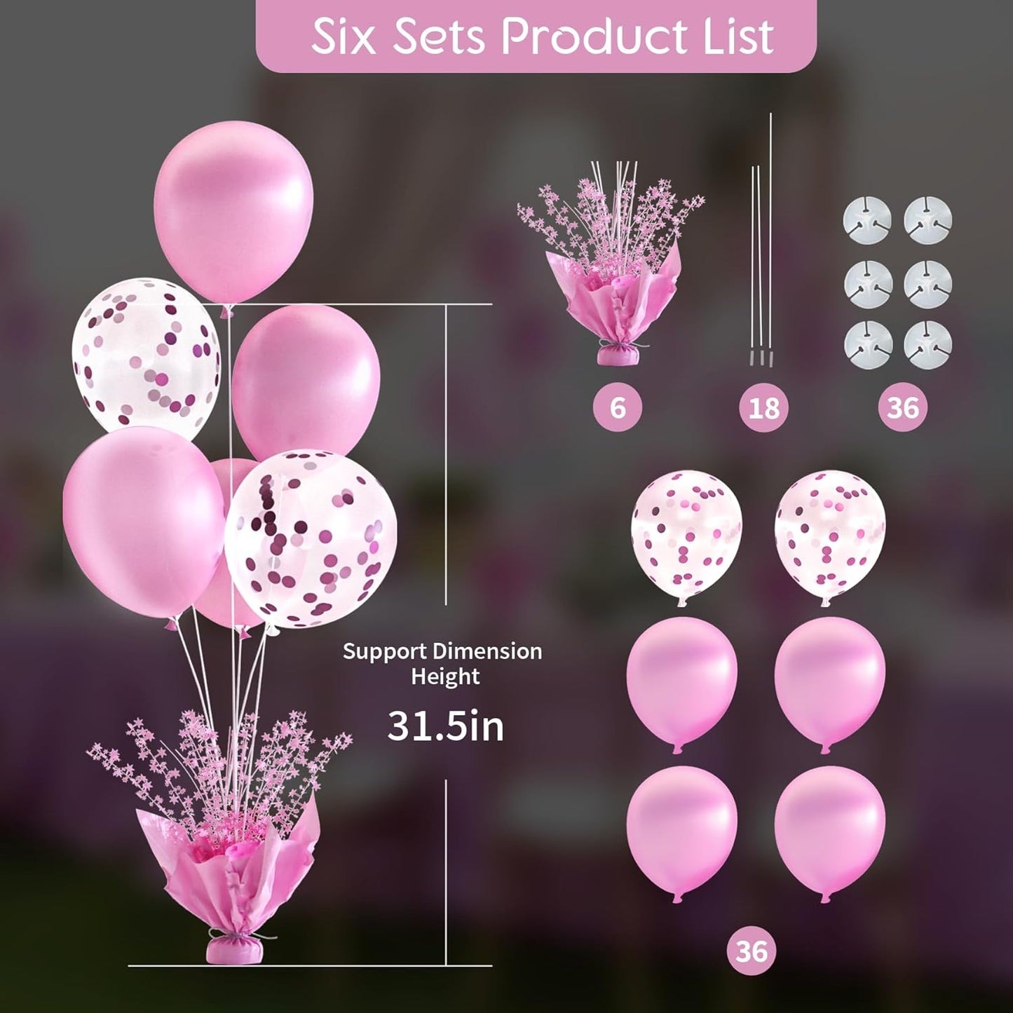 6 Set Pink Balloon Table Centerpieces for Birthday Parties, Balloon Stand Kit with Pink Balloons for Table Decoration