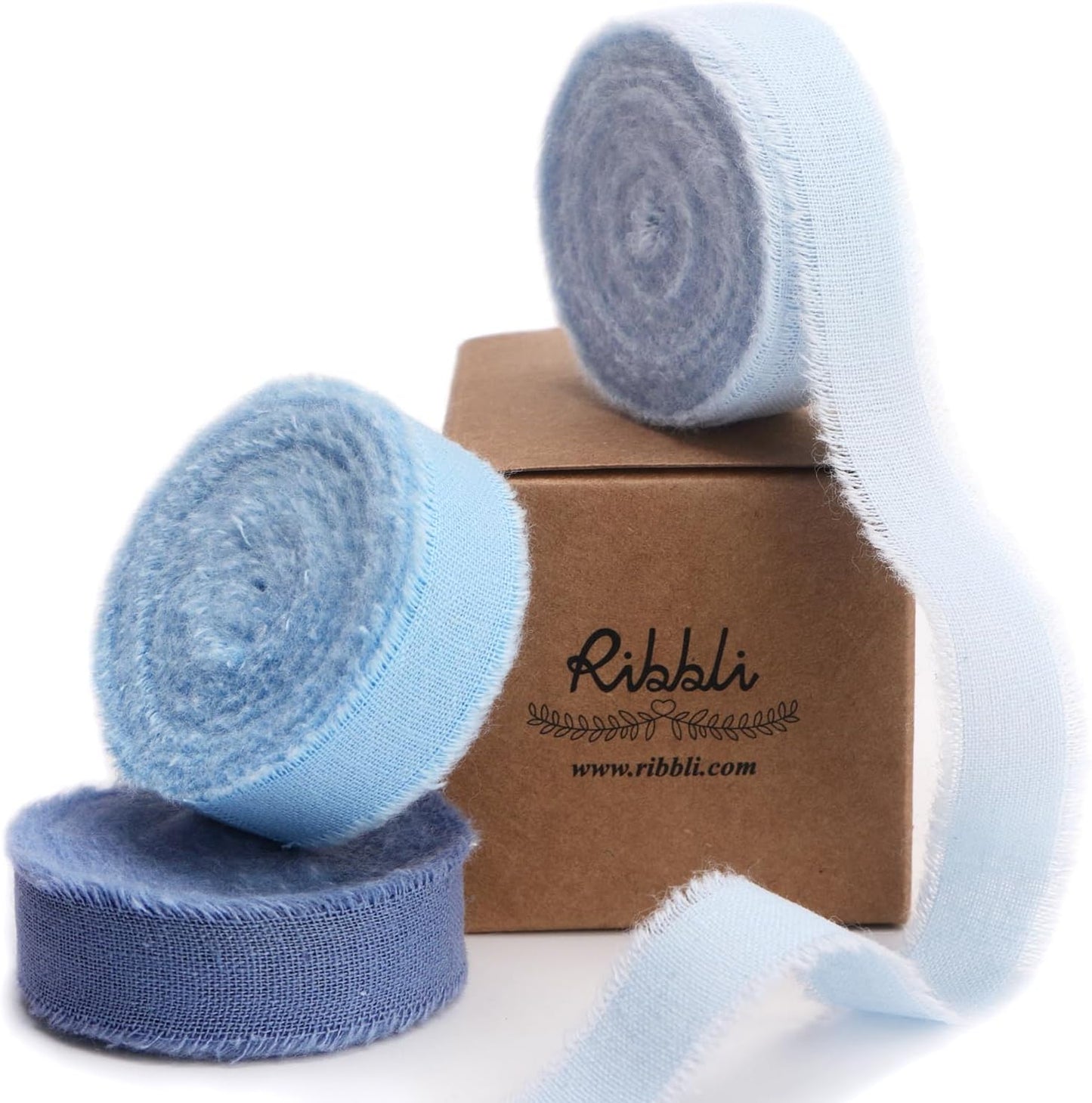 Ribbli 3 Rolls Blue Ribbon 5/8 Inch x 18Yards Light Blue Baby Blue Dusty Blue Handmade Cotton Frayed Fringe Ribbons for Gift Wrapping Wedding Invites Bridal Bouquets Baby Shower DIY Crafts Home Decor