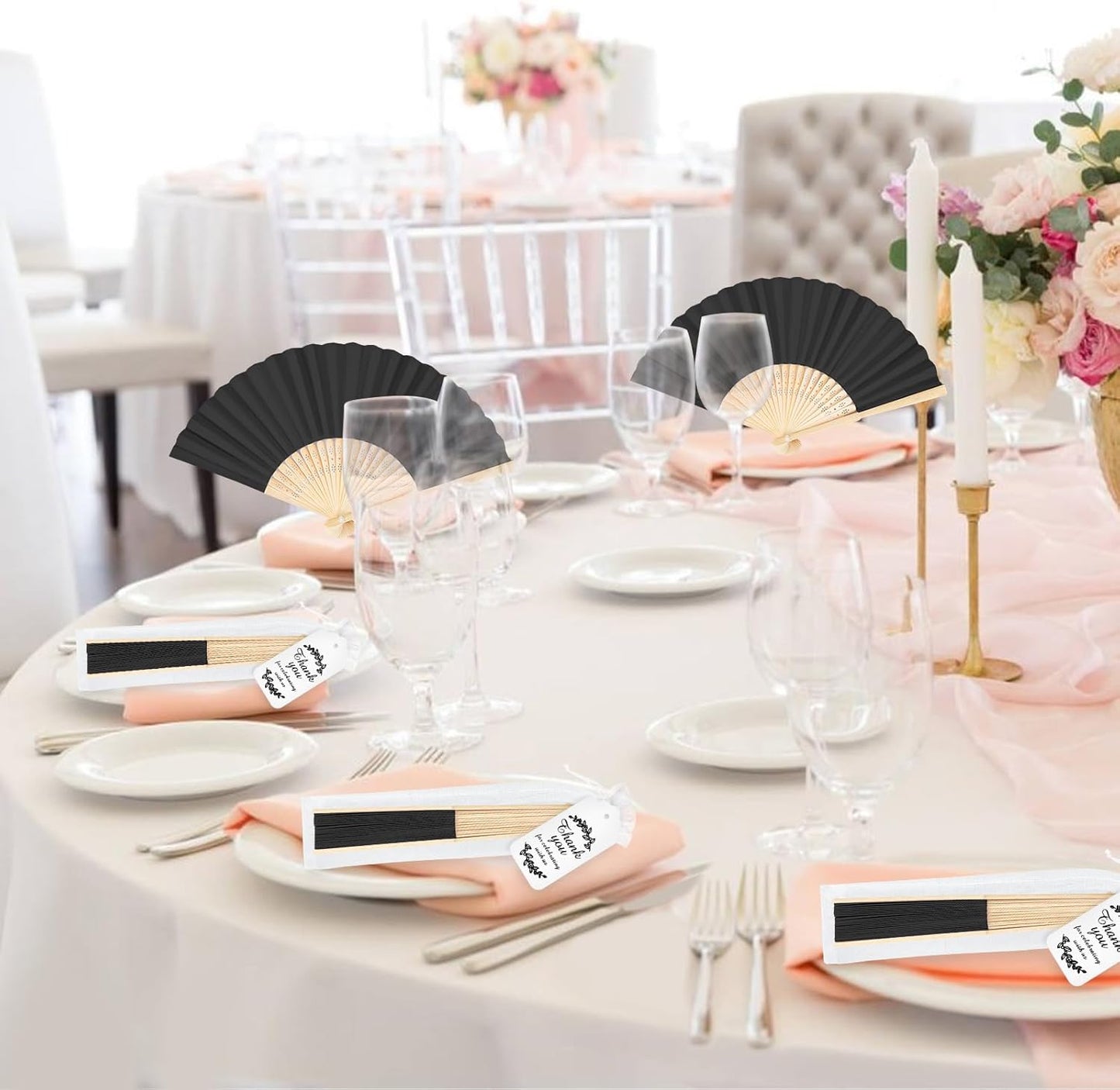 50Set Wedding Hand Fans Party Favors Black Paper Folding Handheld Fans Bulk, DIY Bamboo Fans with Thank Tag Organza Bag for Summer Guests Bridal Dancing Props Church Decoation