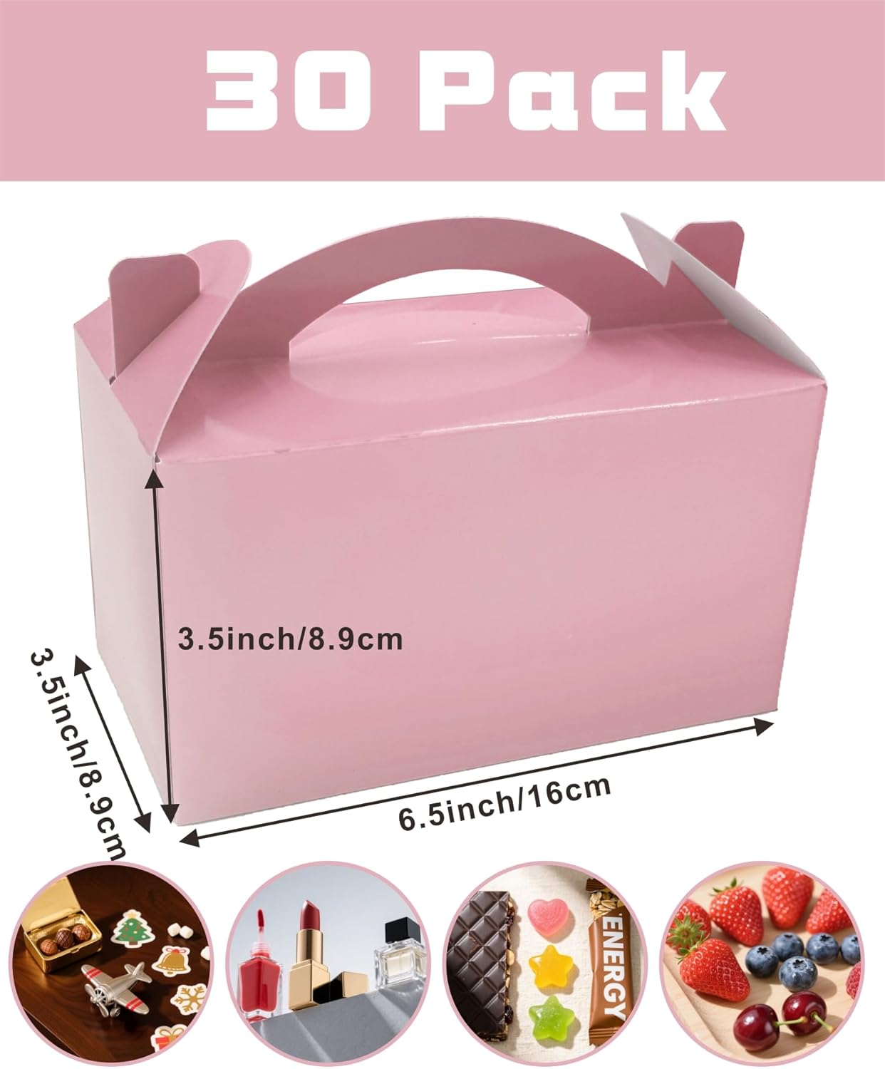 TIMESEEK 30-Pack Blush Pink Gable Treat Boxes with Handles - 6" Pop-Up Party Favor Gift Boxes for Birthday, Wedding, Baby Shower, Eco-Friendly Candy, Cookie, Goodie Bags for Kids, Bachelorette Decor