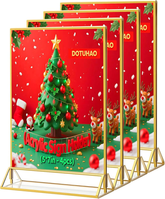 Acrylic Sign Holder, 5 x 7 Inch Gold Frames, Double-Sided Display Stand Picture Frames, Table Signs Holders for Table Menus, Offices, Weddings, Flyers and Photo (Gold, 5 x 7 Inch (4 Pcs))