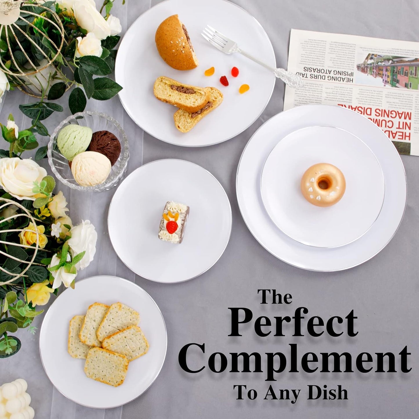 KIRE 100PCS Silver Plastic Plates - Heavy Duty White Disposable Plates with Silver Rim for Party/Wedding - Include 50Pcs 10.25inch Dinner Plates and 50Pcs 7.5inch Dessert Plates for Christmas