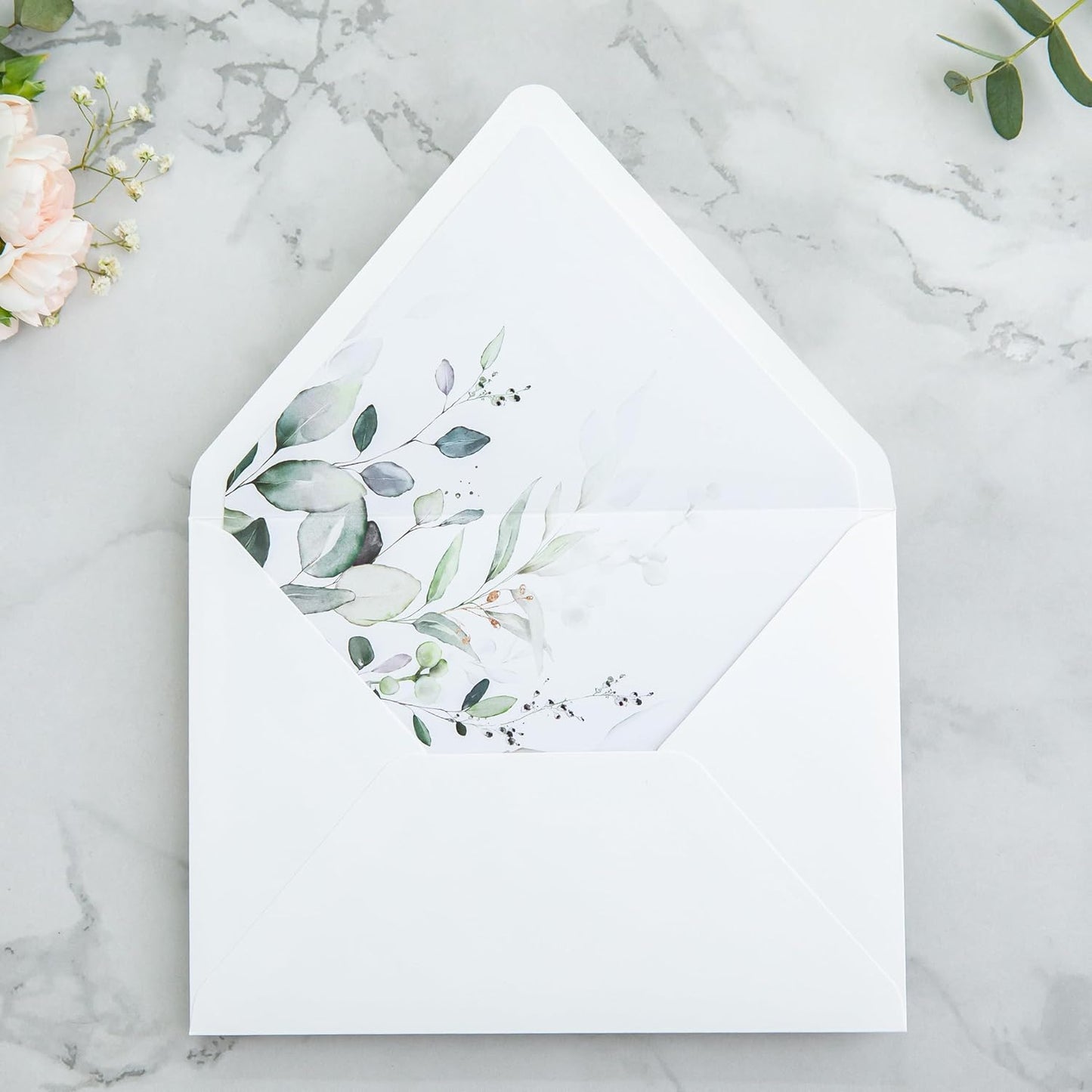 PONATIA 50PCS A7 Euro Flap Envelopes, 5.25 x 7.25'' Liner Envelope For 5x7'' Weddings Invitation Cards, Christmas Gift Cards, Acrylic Invitations, Photos (White & Sage Green Leaves)