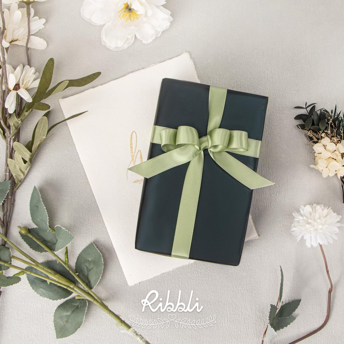 Ribbli Dusty Sage Satin Ribbon Double Faced Satin 5/8 Inch x Continuous 25 Yards-Sage Green Ribbon for Gift Wrapping Crafts Wedding Decoration Bows Bouquet Floral Arrangement
