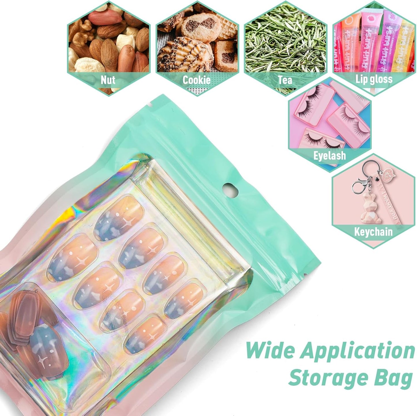 Funfery 100 Pack Gradient Holographic Bags,Mylar Resealable Bags with Zipper,Clear Window Packaging Pouchs,Smell Proof Foil Bag for Food Storage,Sample Jewelry Baggies(4.7×7In,Green Pink)