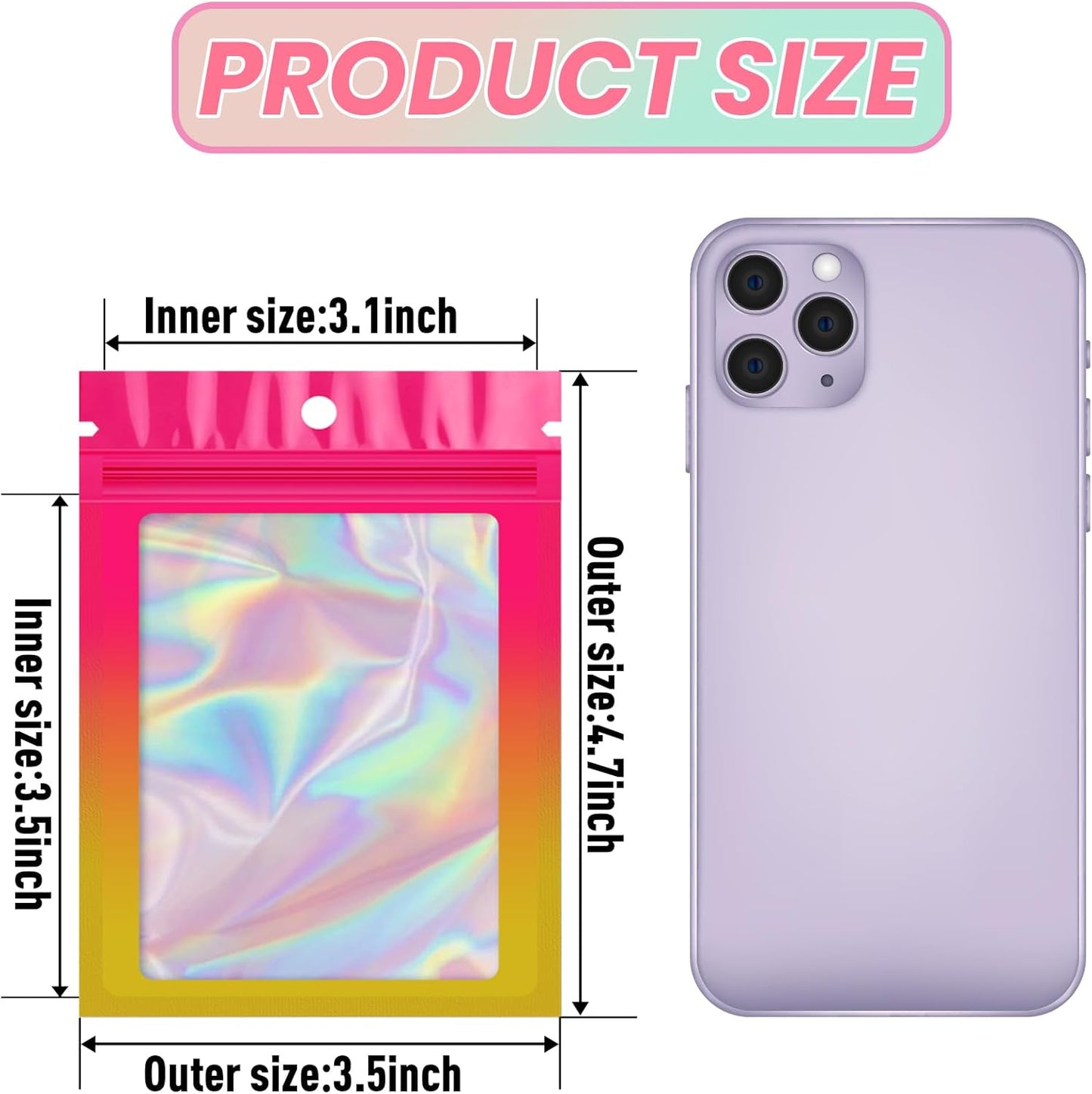 Funfery 100 Pack Gradient Holographic Bags,Mylar Resealable Bags with Zipper,Clear Window Packaging Pouchs,Smell Proof Bag for Food Storage,Sample Jewelry Bag(3.5x4.7In,Hot Pink Orange)