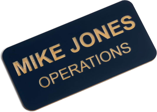 Custom Engraved Name Tag Badges – Personalized Identification with Pin or Magnetic Backing, 1.5 Inch x 3 Inches, Black/Gold