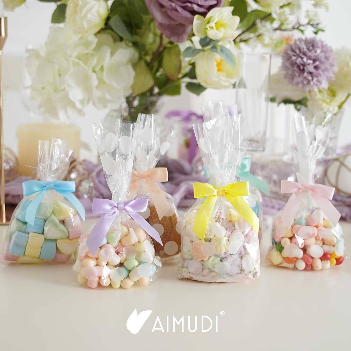 AIMUDI Pastel Bows 2.5" Satin Twist Tie Bows for Gift Wrapping Premade Satin Bow for Making Crafts Treat Bag Baby Shower Birthday Party Wedding Easter Decoration, 60 PCs