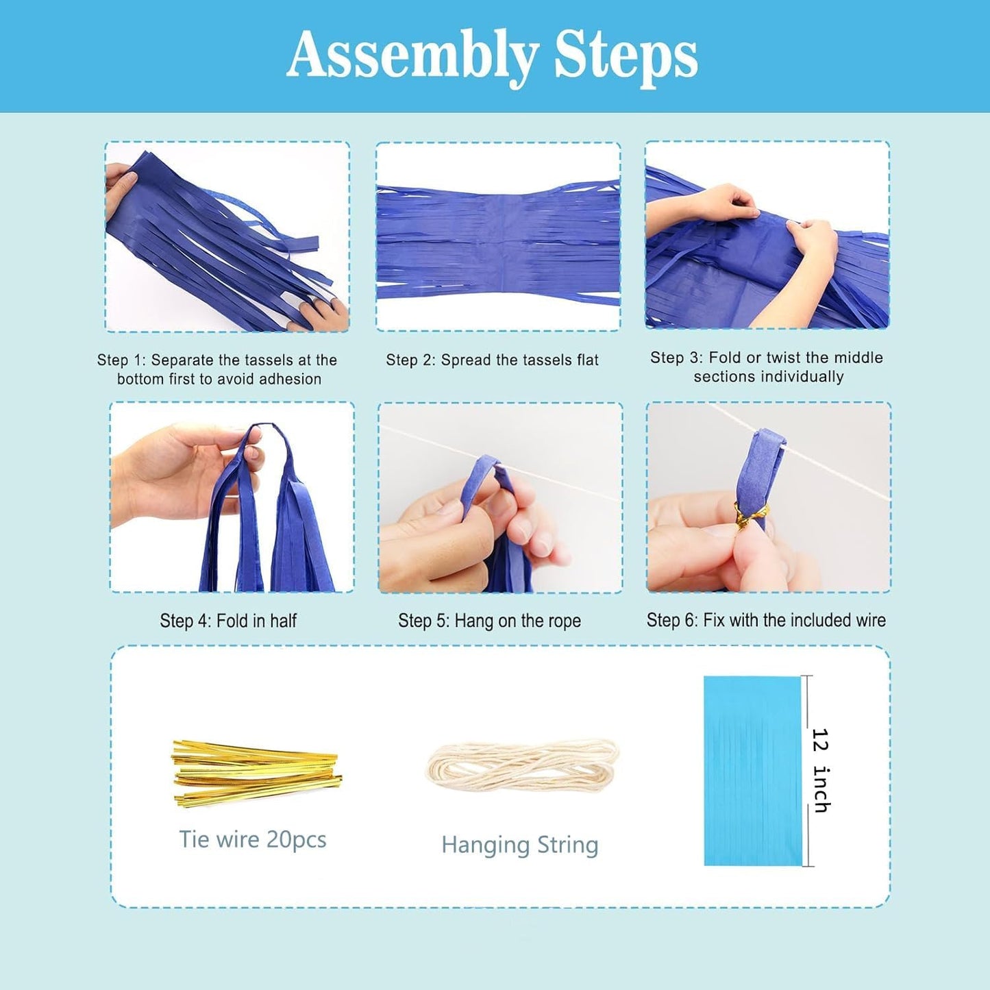 Blue and Orange Tissue Paper Tassel Garland,Tissue Tassel Banner for Party Decorations,Pack of 20