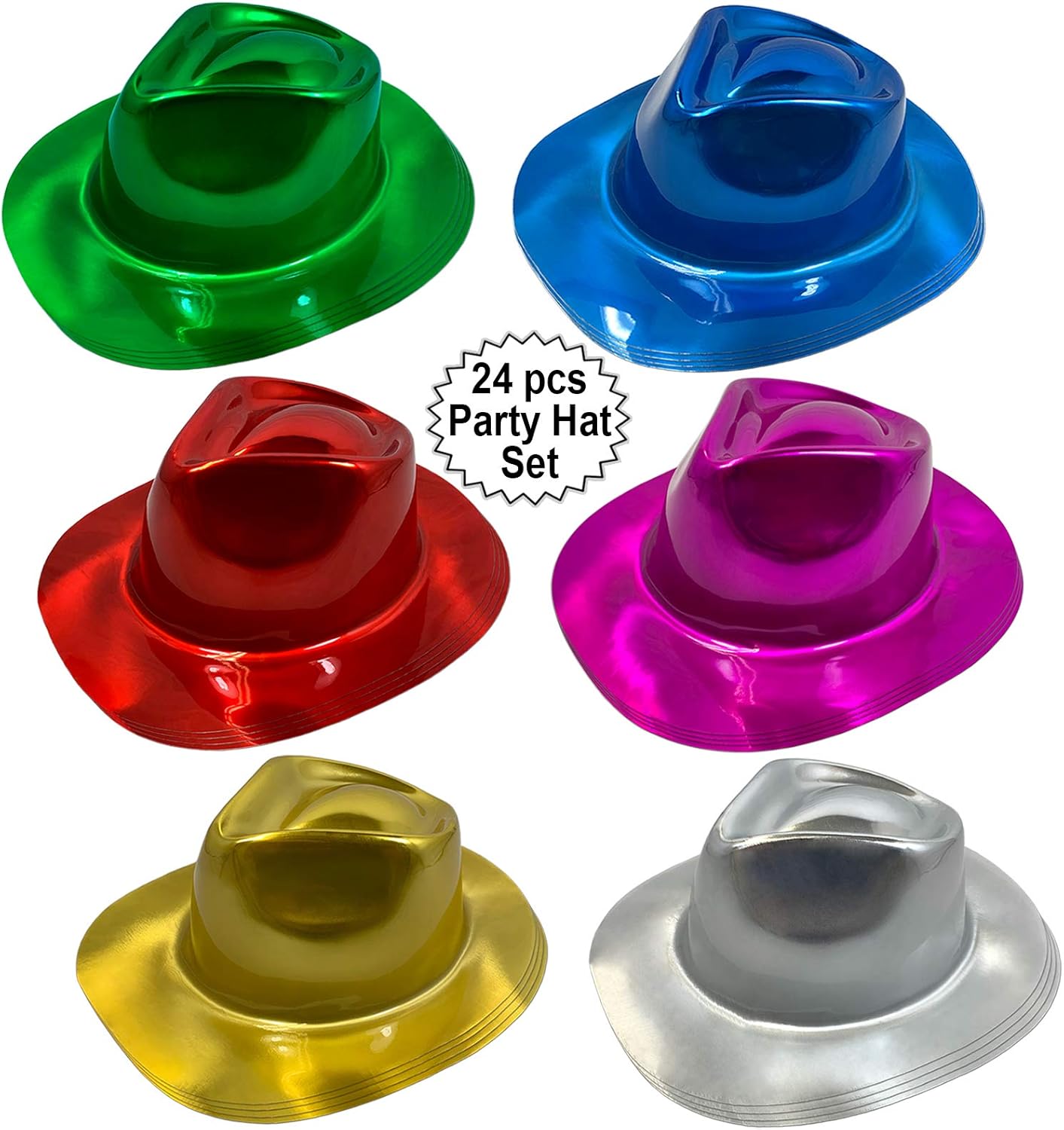 AnapoliZ Party Gangster Hats 24 pcs | New Year’s Celebration Hats | Metallic Colors Assorted | Plastic Fedora Party Hats for Kids, Adults | Costume, Dress Up, Photo Booth, Happy New Year Parties