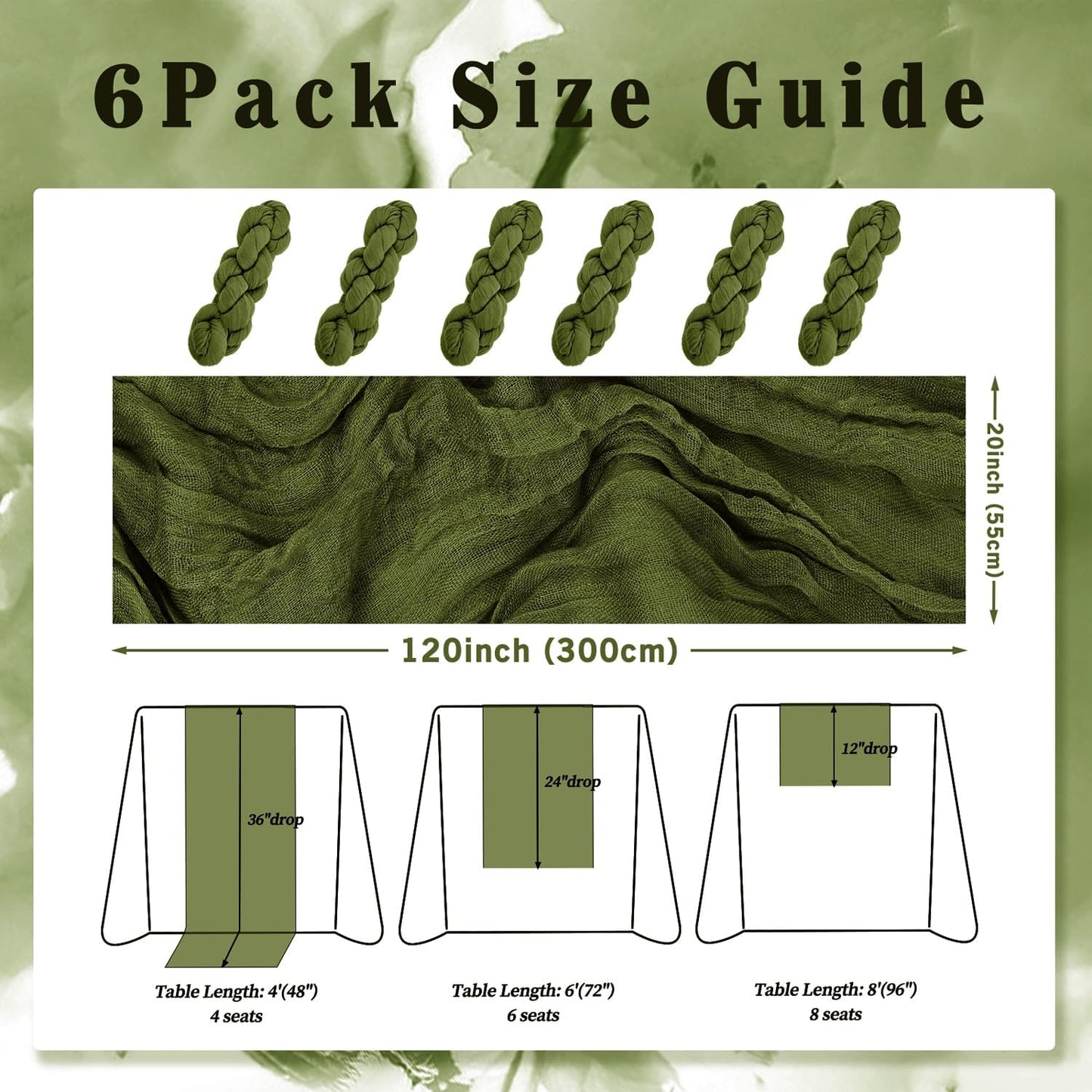 6 Pack Olive Green 10FT Cheesecloth Table Runner Rustic Gauze Cheese Cloth Table Runner for Wedding Bridal Baby Shower Table Decorations Boho Fabric Sheer Birthday Party Decor 20 x 120 Inch Long