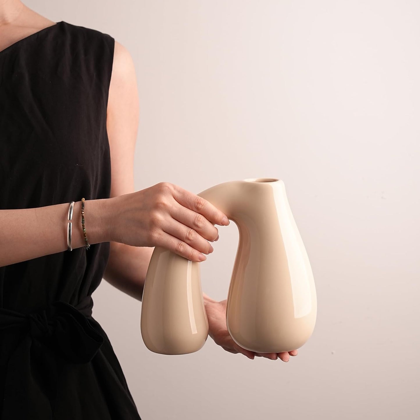 White (Ivory) Ceramic Vase – Glossy Modern Sculptural Décor, Arch Handle Artistic Design, Premium Minimalist Accent for Table, Shelf, or Entryway (7.5 in, Holds Water)