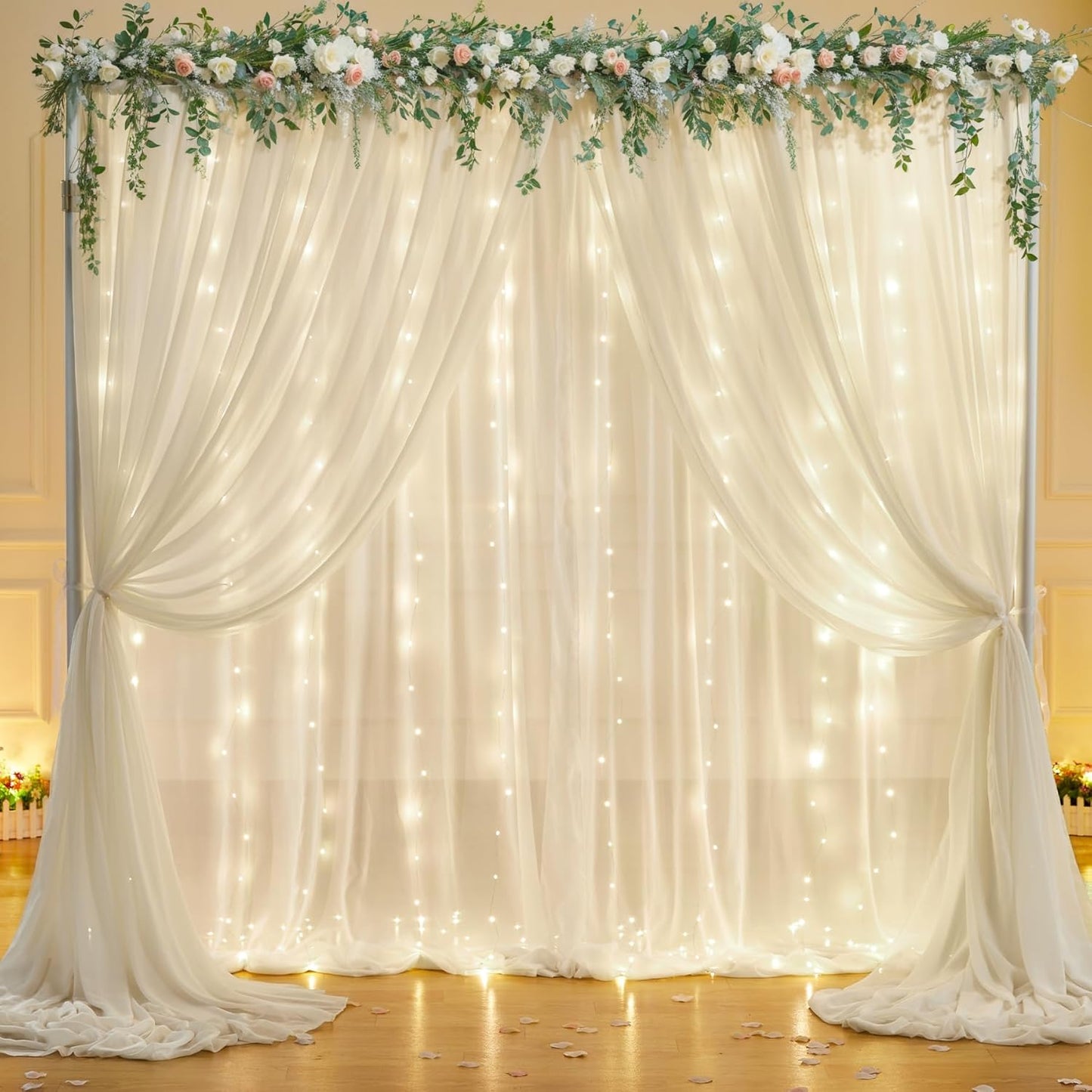 10ft x 7ft Ivory Chiffon Backdrop Curtain with Lights String for Parites Wedding Wrinkle Free Curtain Photo Backdrops Drapes for Baby Shower Birthday Party Home Decorations