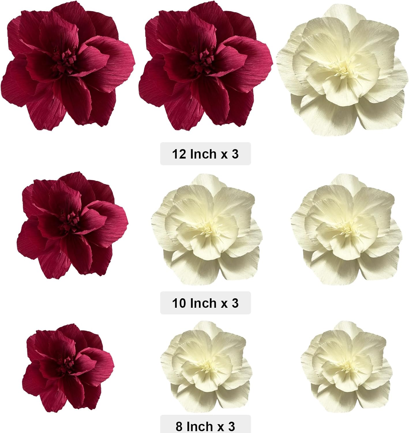 BRT Bearingshui Crepe Paper Flowers Decoration for Wall Total 9 Pcs, Artificial Flowers Backdrop for Wedding Decor Baby Bridal Shower Birthday Party, Burgundy Cream 3D Wall Flowers Decor