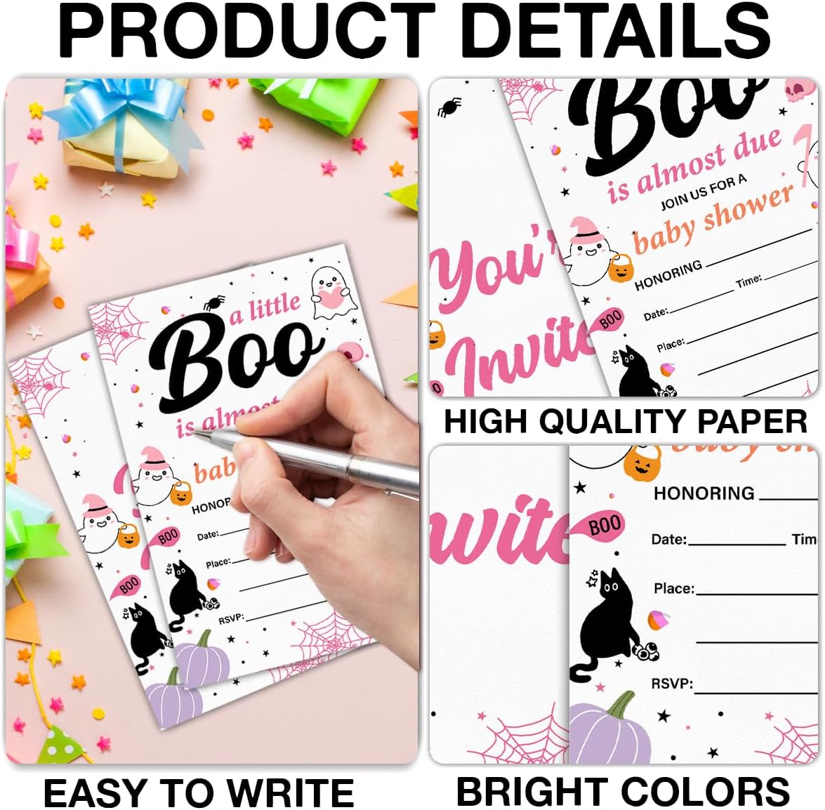 Halloween Baby Shower Party Invitations for Girl Cute Spooky Ghost Boo Baby Shower Party Fill in Invites Cards With Envelopes (20 Count) Double Sided Design, a Little Boo Is Almost Due