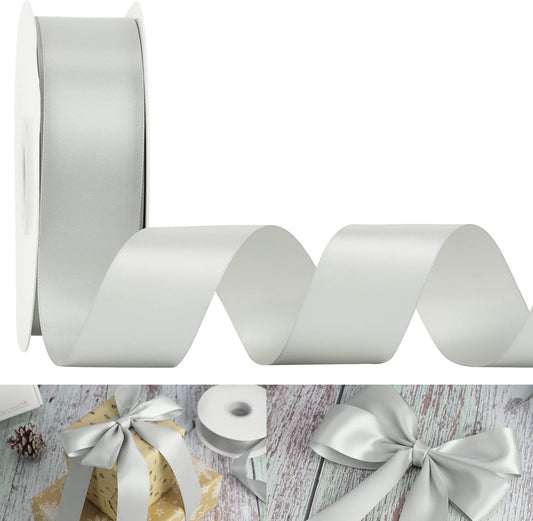 HUIHUANG Silver Ribbon Satin 1-1/2" Wide Double Face Polyester Satin Ribbons for Crafts, Thick Silk Ribbon for Gift Wrapping Hair Bows Floral Bouquet Cake Box Christmas Decor Party Favor - 50 Yards
