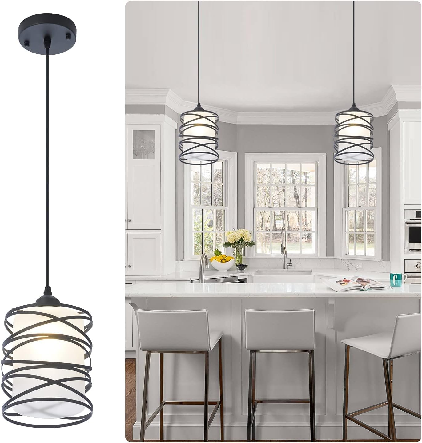 Modern Mini Pendant Light Fixture Kitchen Island Pendant Lighting 6.30''Matte Black Spiral Cage and Handblown Frosted Haze Glass Shade Hanging Lamp Adjustable Cord for Dining Room 1 Pack