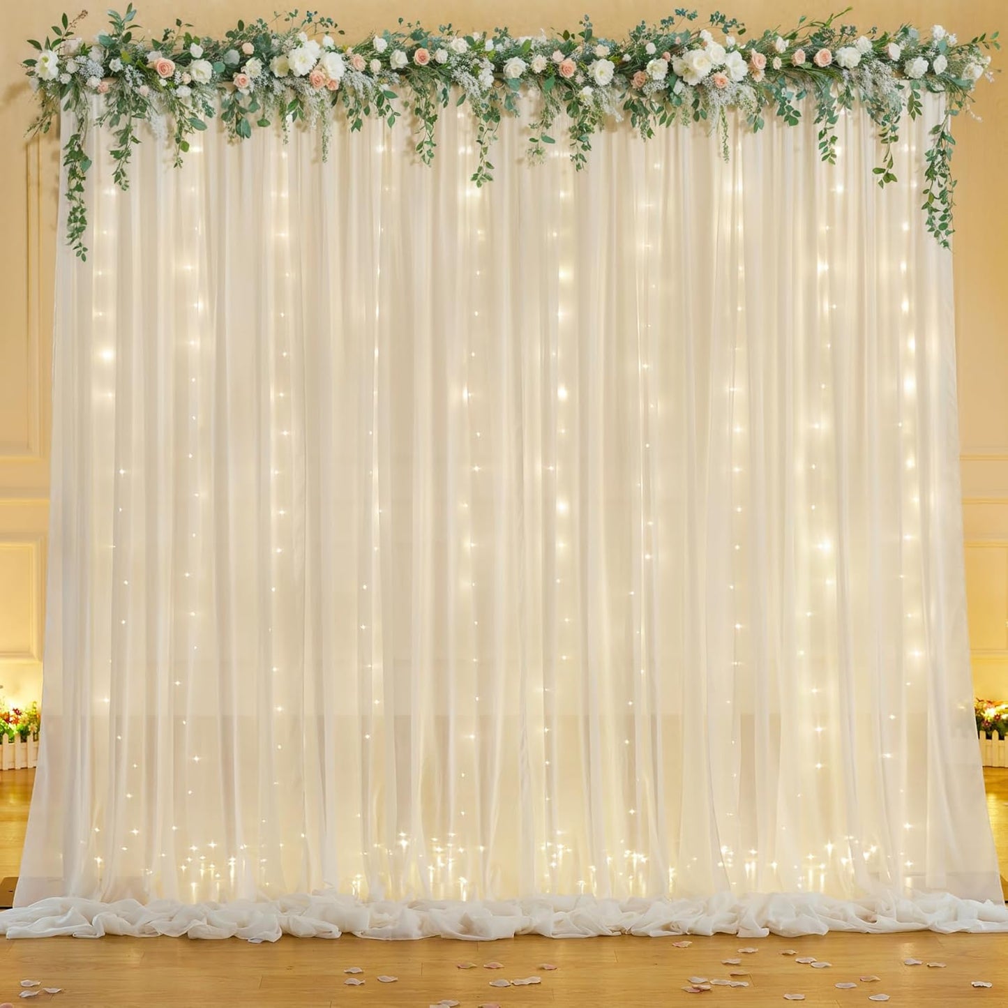 10ft x 7ft Ivory Chiffon Backdrop Curtain with Lights String for Parites Wedding Wrinkle Free Curtain Photo Backdrops Drapes for Baby Shower Birthday Party Home Decorations