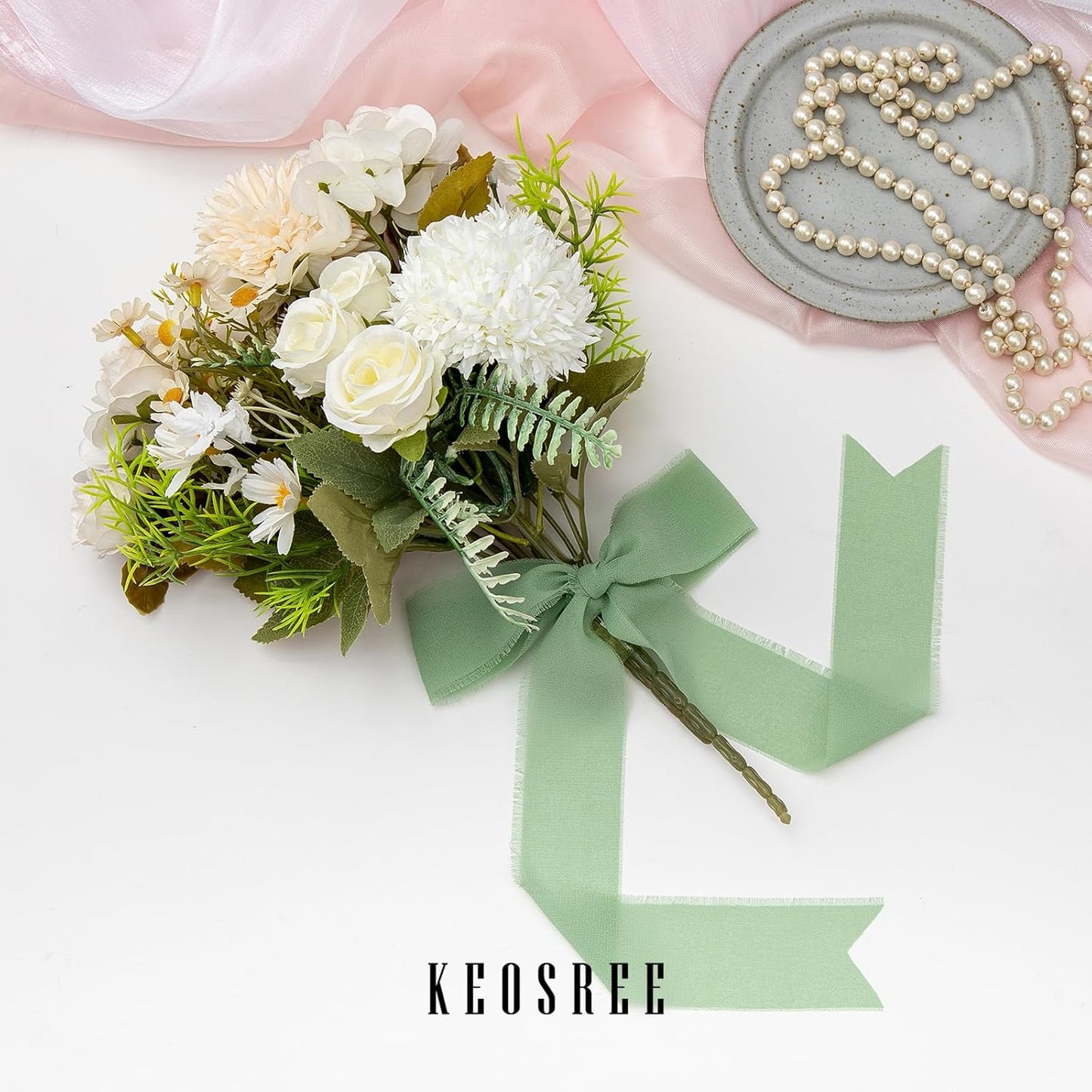 3 Rolls Sage Green Handmade Chiffon Ribbon,1.5" x 21Yd Frayed Fringe Silk Ribbons (3 Rolls *7Yd) for Gifts Wrapping, Wedding Invitations, Bridal Bouquets, Decorations