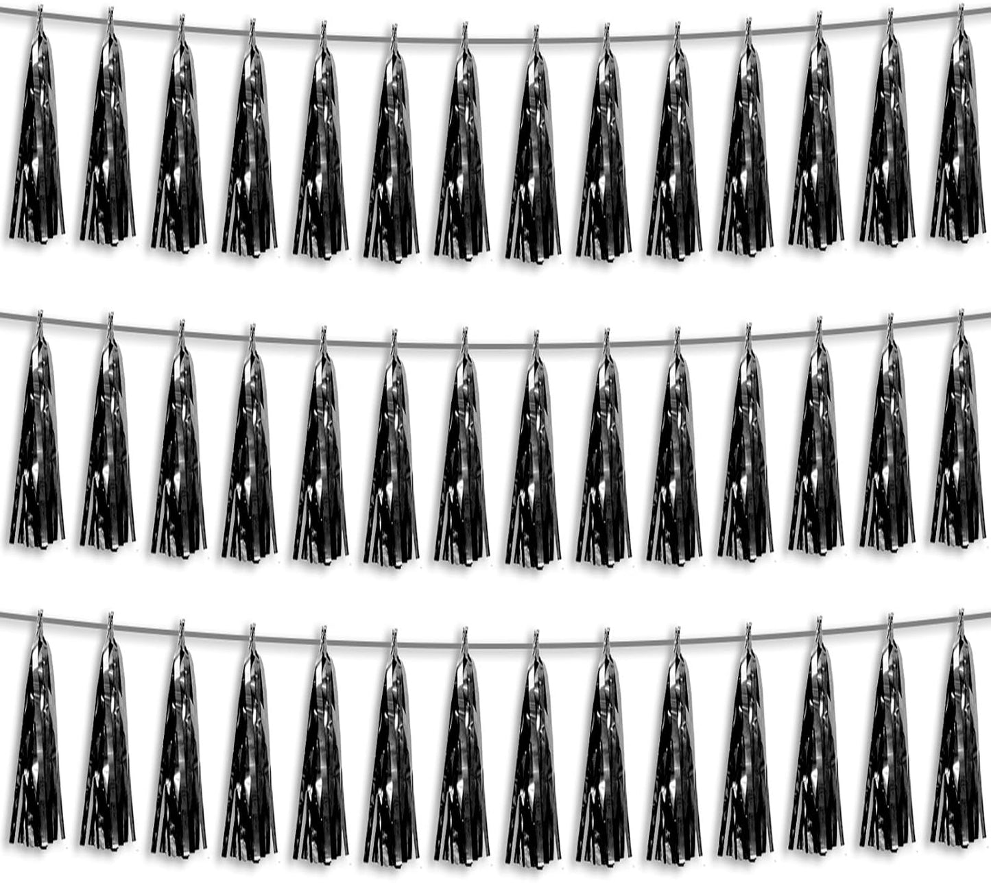3P Black Foil Fringe Metallic Tassel Streamers Banner Tassel Garland for Parade Floats, Bachelorette, Wedding, Birthday, Halloween, Christmas, Bridal/Baby Shower Party Decorations