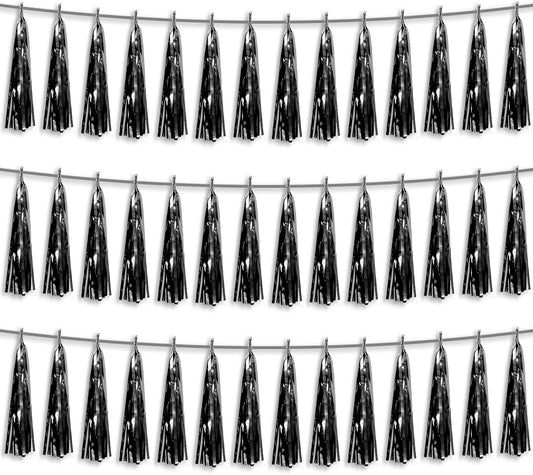 3P Black Foil Fringe Metallic Tassel Streamers Banner Tassel Garland for Parade Floats, Bachelorette, Wedding, Birthday, Halloween, Christmas, Bridal/Baby Shower Party Decorations
