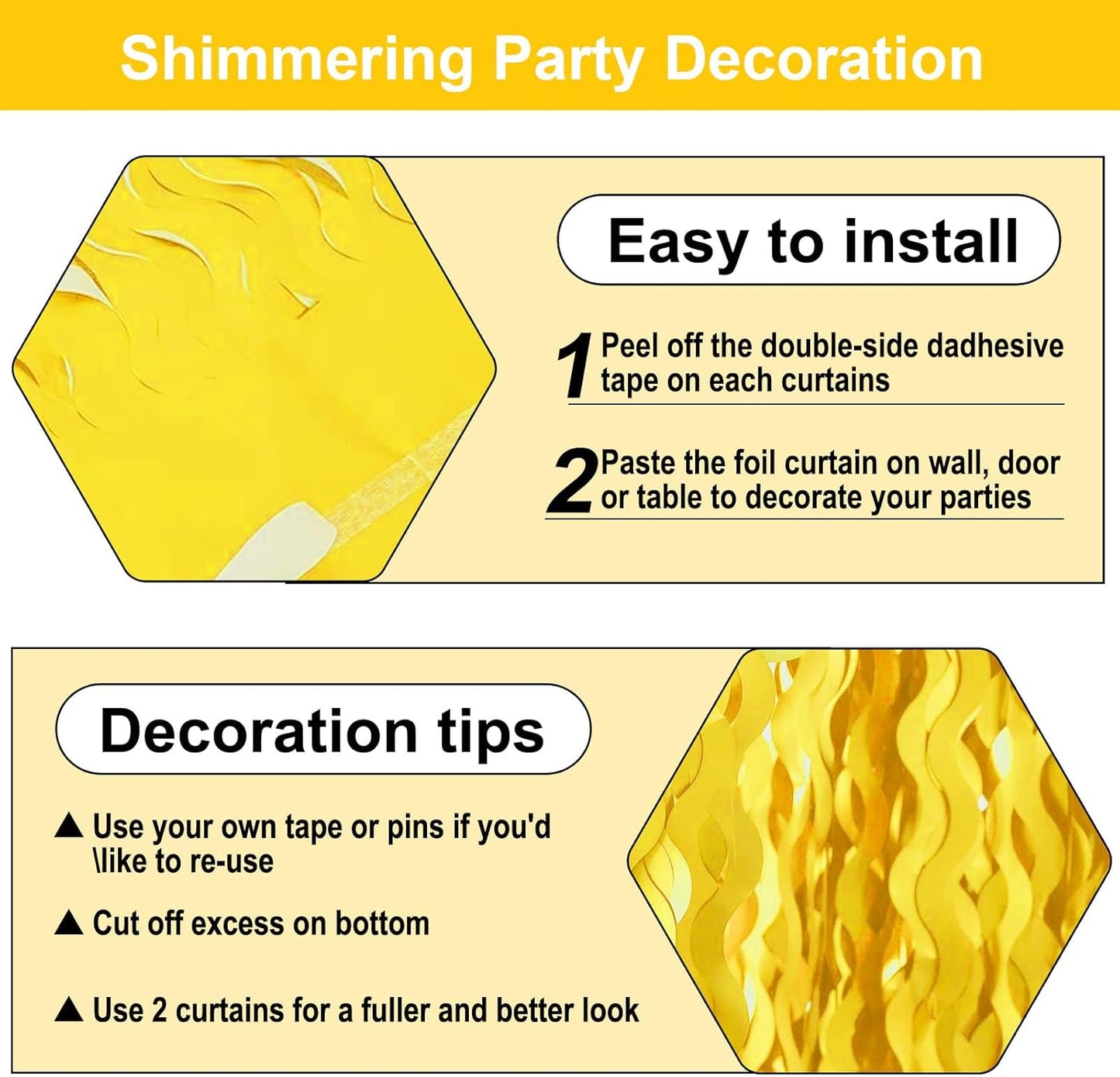 4 Pack MacaronYellow Wave Foil Fringe Curtain Backdrop, 3.28Ft x 8.2Ft Metallic Tinsel Foil Fringe Streamer Curtains for Photo Booth, Mother's Day, Easter, Birthday, Wedding Party Decoration