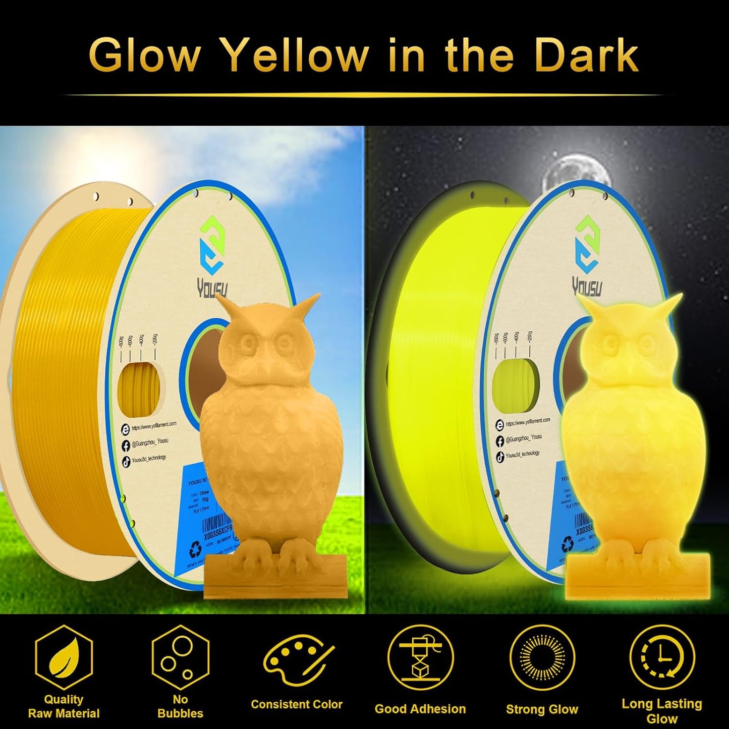 YOUSU 3D Printer Filament 1.75mm PLA Filament Glow in Dark PLA Filament Yellow 3D Printing Filament 1kg(2.2lbs) Spool.