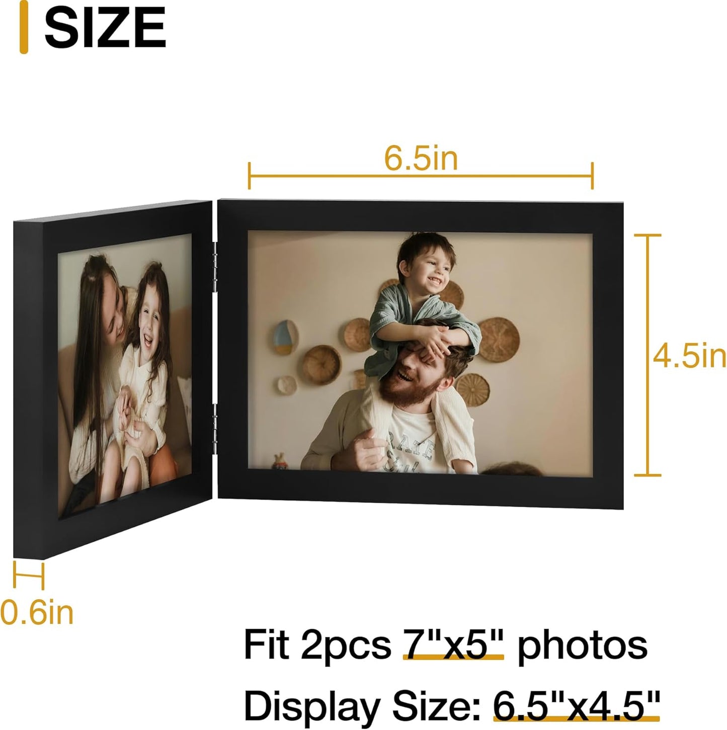 decorUhome Double 7x5 Picture Frame Vertical, Engineered Wood Bifold Photo Frame with Plexiglass for Tabletop Display, 7x5, Black
