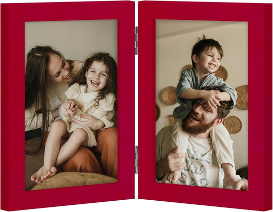 decorUhome Double 4x6 Picture Frame Vertical, Engineered Wood Bifold Photo Frame with Plexiglass for Tabletop Display, 4x6, Red