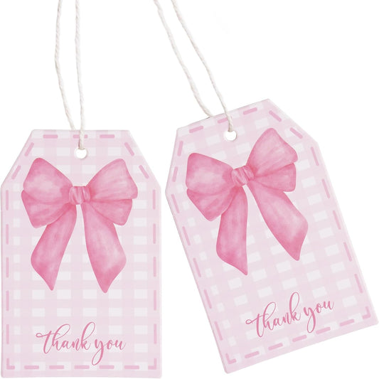 100Pcs Pink Bow Gift Tags with String Pink Buffalo Plaid Large Gift Tags with 65Ft White String Cute Thank You White Paper Tag for Coquette Birthday Baby Shower Wedding Gift Wrap Tag