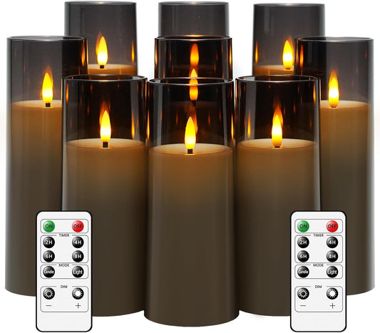 Flickering Flameless Candles Battery Operated with Remote and 2/4/6/8 H Timer Plexiglass Led Pillar Candles Pack of 9 (D2.3 xH 6" 7" 8") with Realistic Moving Wick Candles for Home Decor(Grey)