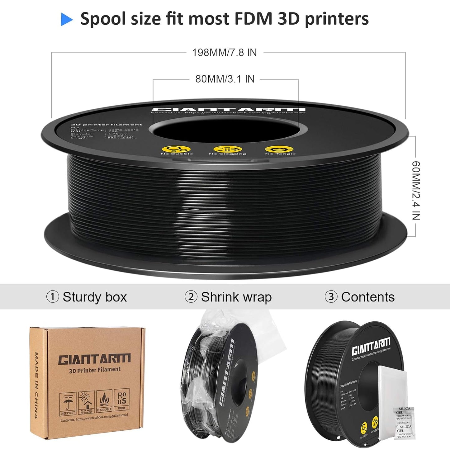GIANTARM 3D Printer Filament, Black Pla Filament, 1Kg(2.2lbs) Spool, 1.75mm Dimension Accuracy +/- 0.03mm, 3D Printing Filament, Dark Black