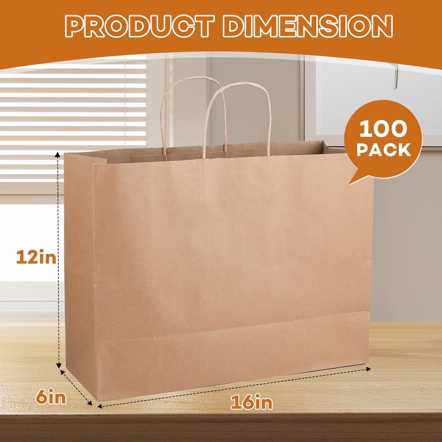 BURVAGY 16x6x12 Inch 100 Pcs Large Kraft Paper Bags with Handles Bulk, Brown Gift Kraft Shopping Bags for Small Business Boutique Retail Grocery