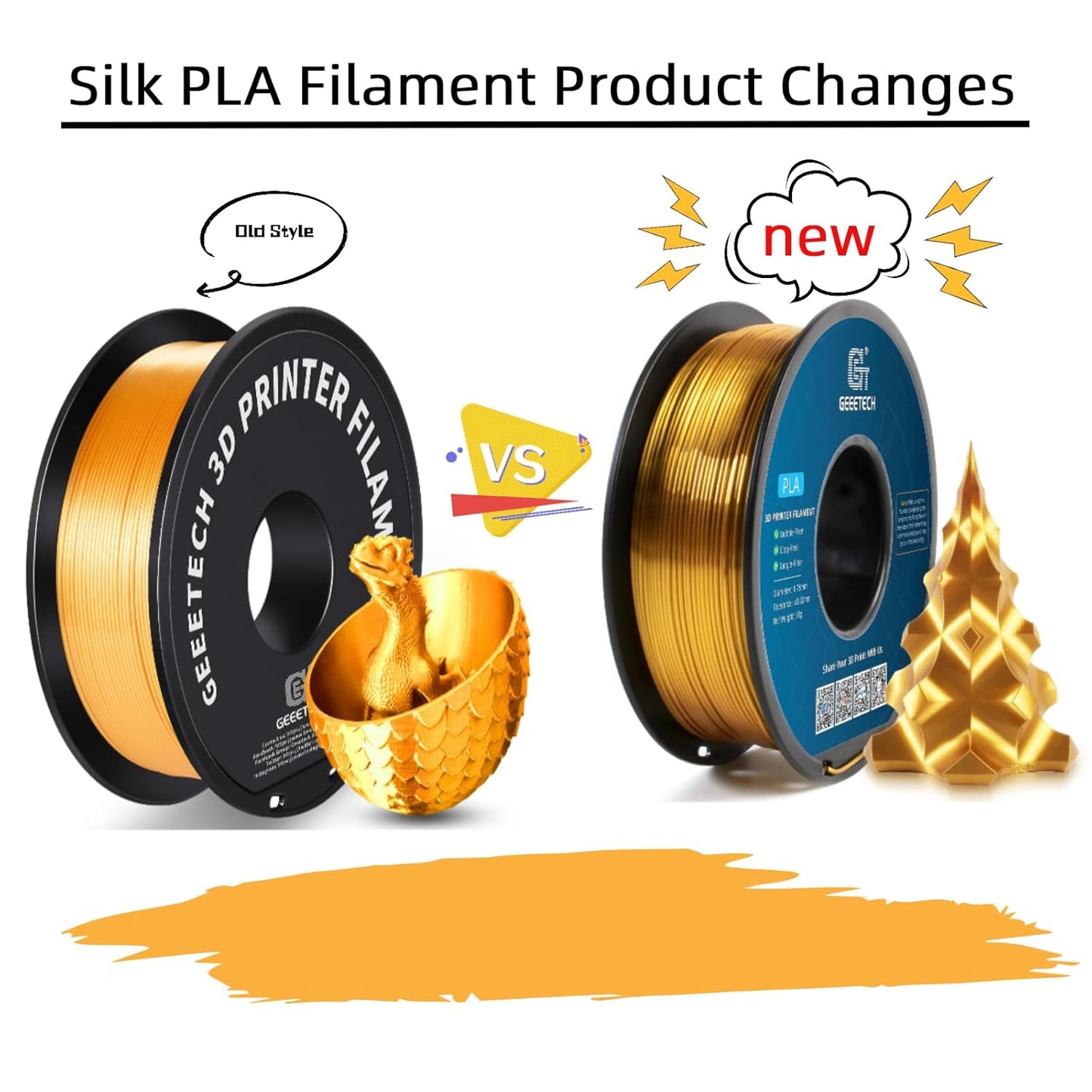Geeetech Silk PLA Filament 1.75mm for 3D Printer, Metal-Like Shiny Consumables 1kg (2.2lbs) 1 Spool, Dimensional Accuracy +/- 0.02 mm, Metallic Gold Silk Filament