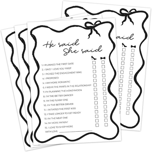 DEEKA 30 PCS Bridal Shower Games Card for 30 Guests Black Wavy Border Ribbon Bow Funny Wedding Bachelorette Party Games for Reception (He Said She Said)