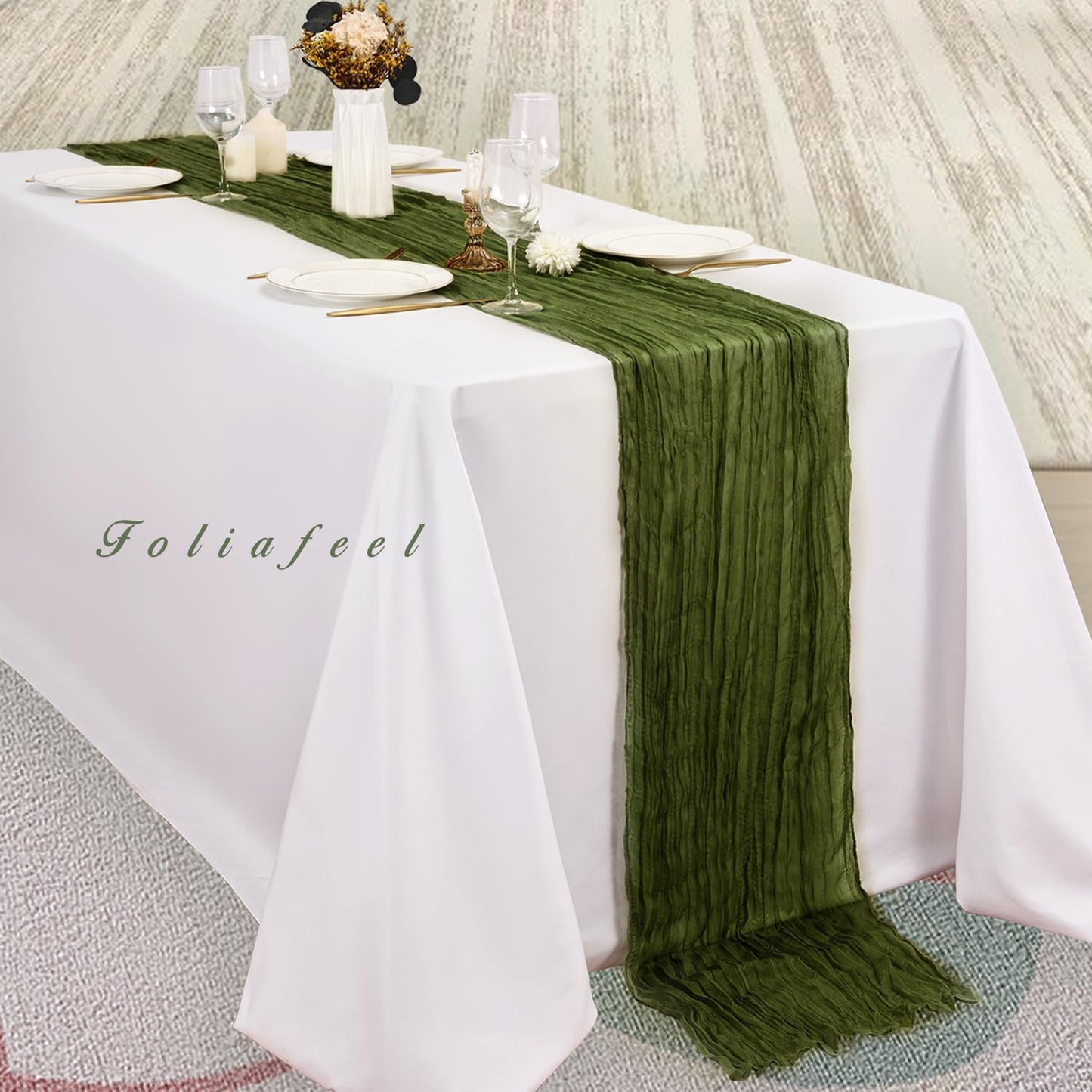 12 Pack Olive Green 10FT Cheesecloth Table Runner Rustic Gauze Cheese Cloth Table Runner for Wedding Bridal Baby Shower Table Decorations Boho Fabric Sheer Birthday Party Decor 20 x 120 Inch Long