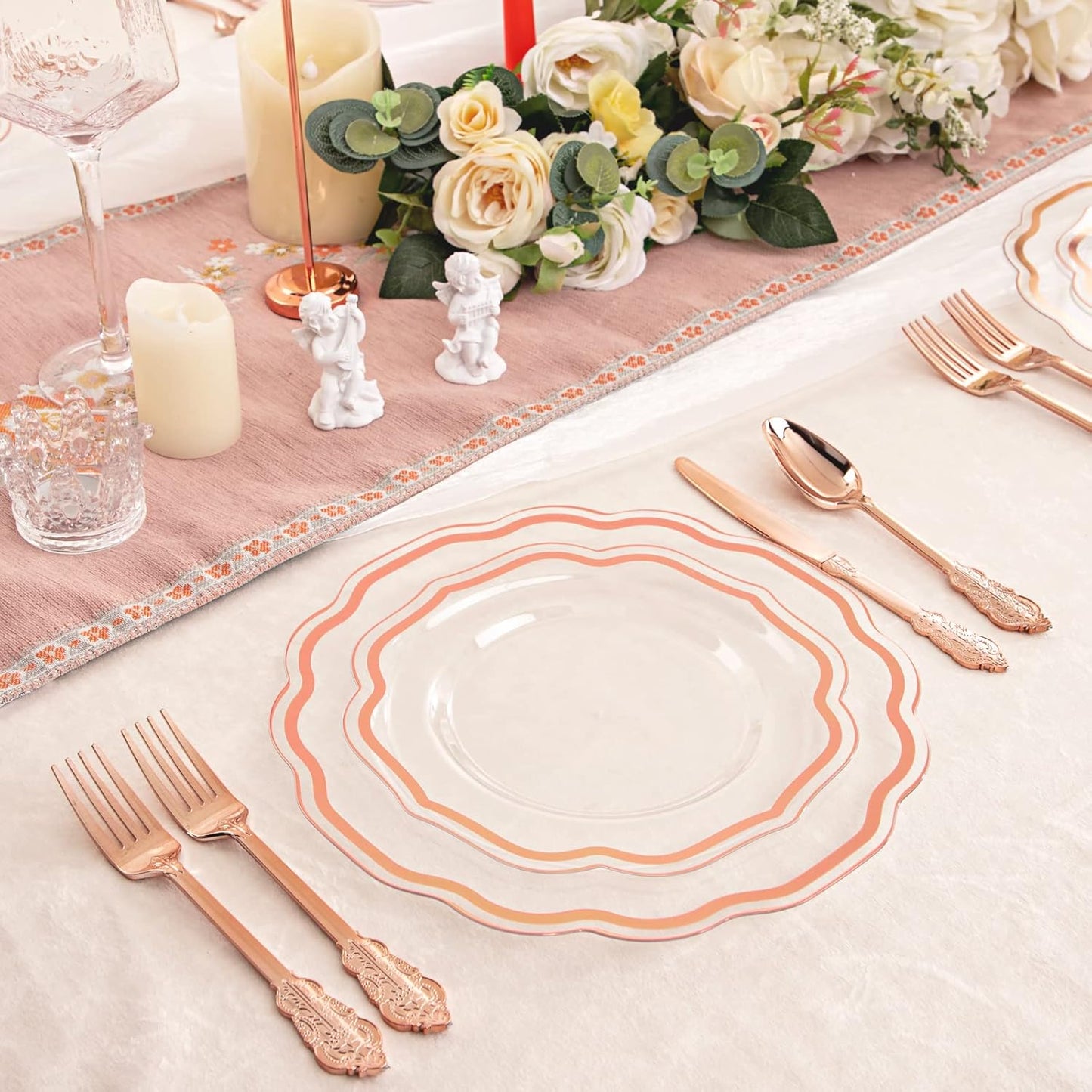 NOCCUR 150PCS Rose Gold Plastic Plates&Rose Gold Silverware-Include 30Dinner Plates, 30Salad plates, 90 Disposable Rose Gold Utensils- Ideal for Weddings, Party,Shower