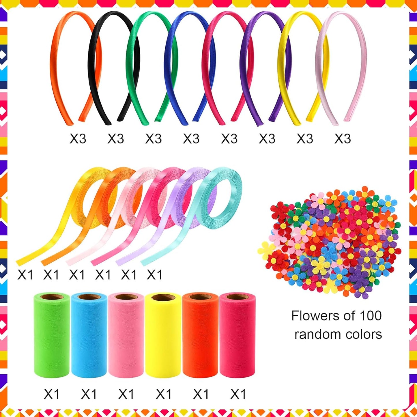Canlierr 24 Pcs Rainbow Headbands 6 Tulle Mesh Fabric Rolls 100 Felt Flowers Embellishments for DIY Crafts 6 Colorful Satin Roll Ribbons for DIY Headbands Halloween Party Decoration