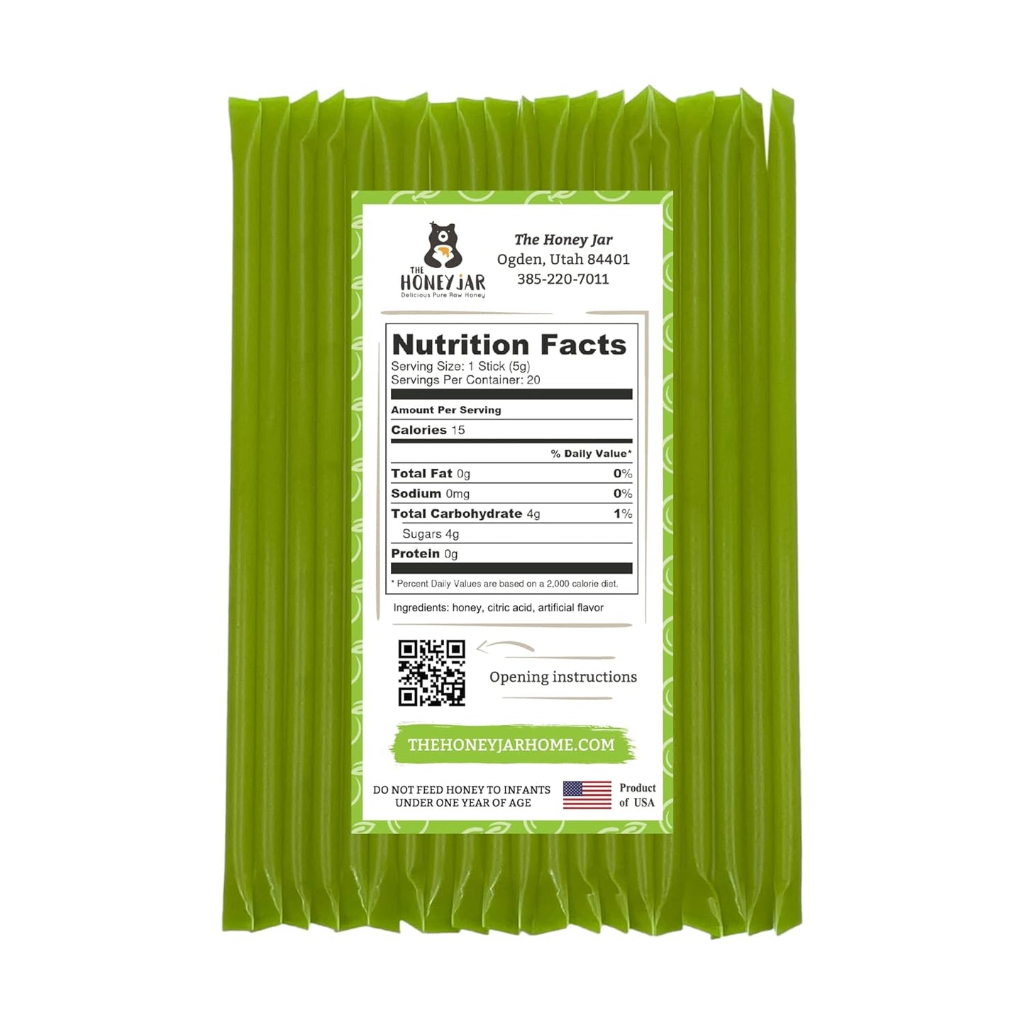 The Honey Jar Green Apple Flavored Honey Sticks - Pure Honey Straws For Tea, Coffee, or a Healthy Treat - One Teaspoon of Flavored Honey Per Stick - Made In The USA with Real Honey - (20 Count)