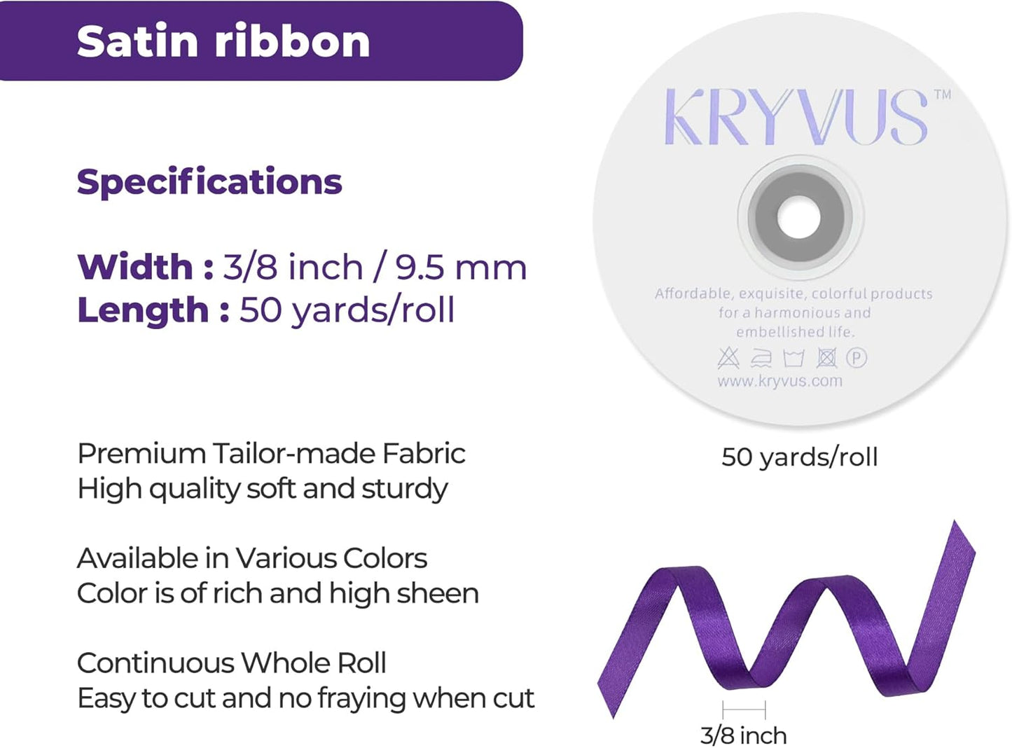 Purple Satin Ribbon 3/8 inch X Continuous 50 Yards, Single Face Polyester Ribbon Perfect for Gift Wrapping, Flower Bouquet, Wedding Decor, Crafts, Bow Making, Sewing and More