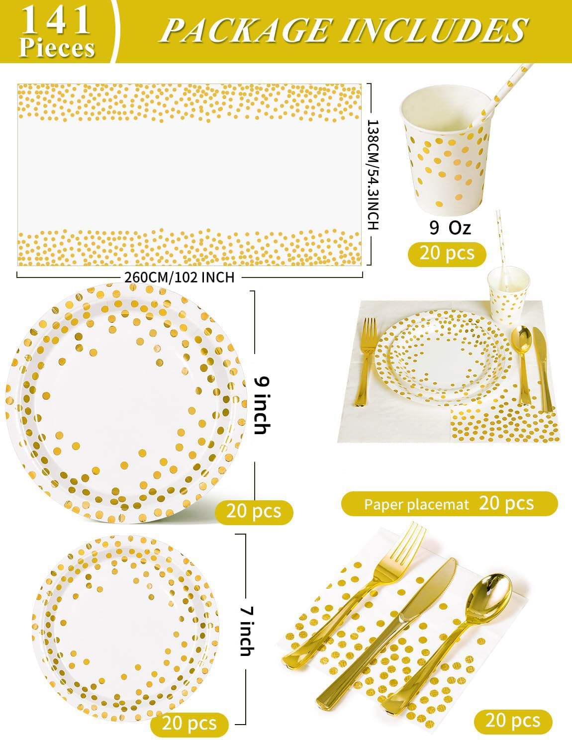 141 Pieces White Gold Party Supplies, Party Dinnerware Sets Include Paper Plates Napkins Cups Silverware, for Wedding Bridal Shower Engagement Birthday Parties Decoration -20 Serves