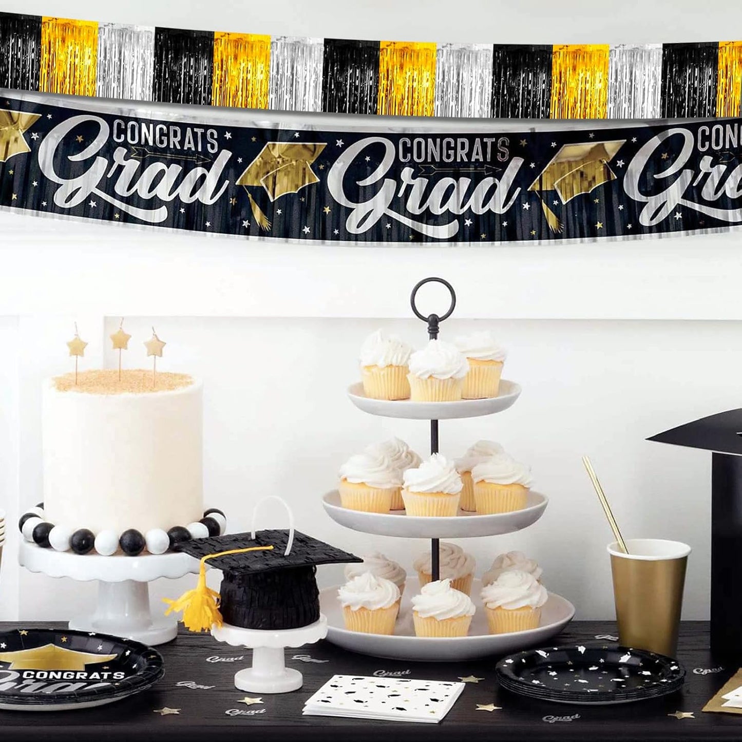 6 Pack 10 Feet Black Gold Silver Foil Fringe Garland Metallic Tinsel Streamers Banner Wall Hanging Backdrop Banner for Parade Floats, Thanksgiving, Christmas, Birthday, Halloween Party Decorations