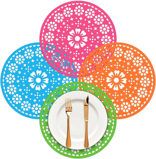 32 Pieces Fiesta Paper Place Mats 14" Mexican Papel Picado Cinco De Mayo Disposable Placemat Round Paper Doilies Cutouts for Mexican Party Supplies Tableware Decoration
