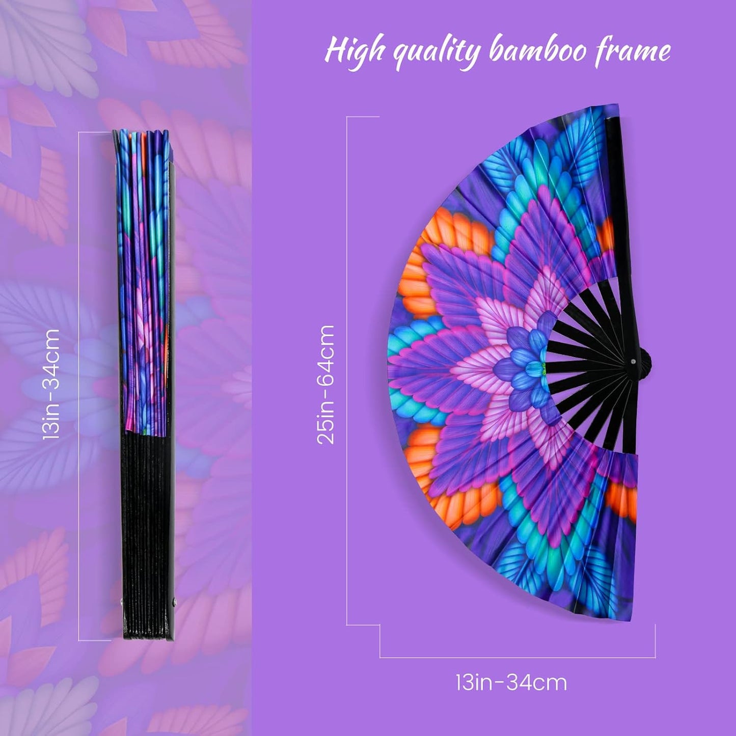 SYNTECSO Folding Hand Fan for Rave, UV Glow Fan, Large Bamboo Fan for Drag Queen, Women and Men Gift，Chinese Japanese Clack Fan for Parties, Music Festivals, EDM and Decoration