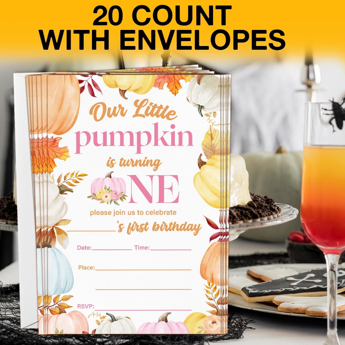 Pumpkins First Birthday Party Invitations for Baby Girl Little Pumpkin 1st Birthday Party Fill in Invites Cards With Envelopes (20 Count), Double Sided Design