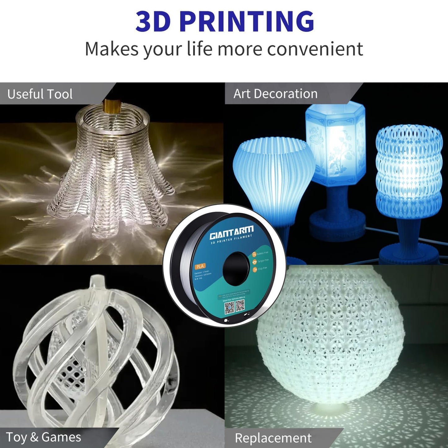 GIANTARM Clear PLA Filament, 1.75mm Transparent PLA 1kg Spool (2.2lbs), 3D Printer Filament with Vacuum Packaging