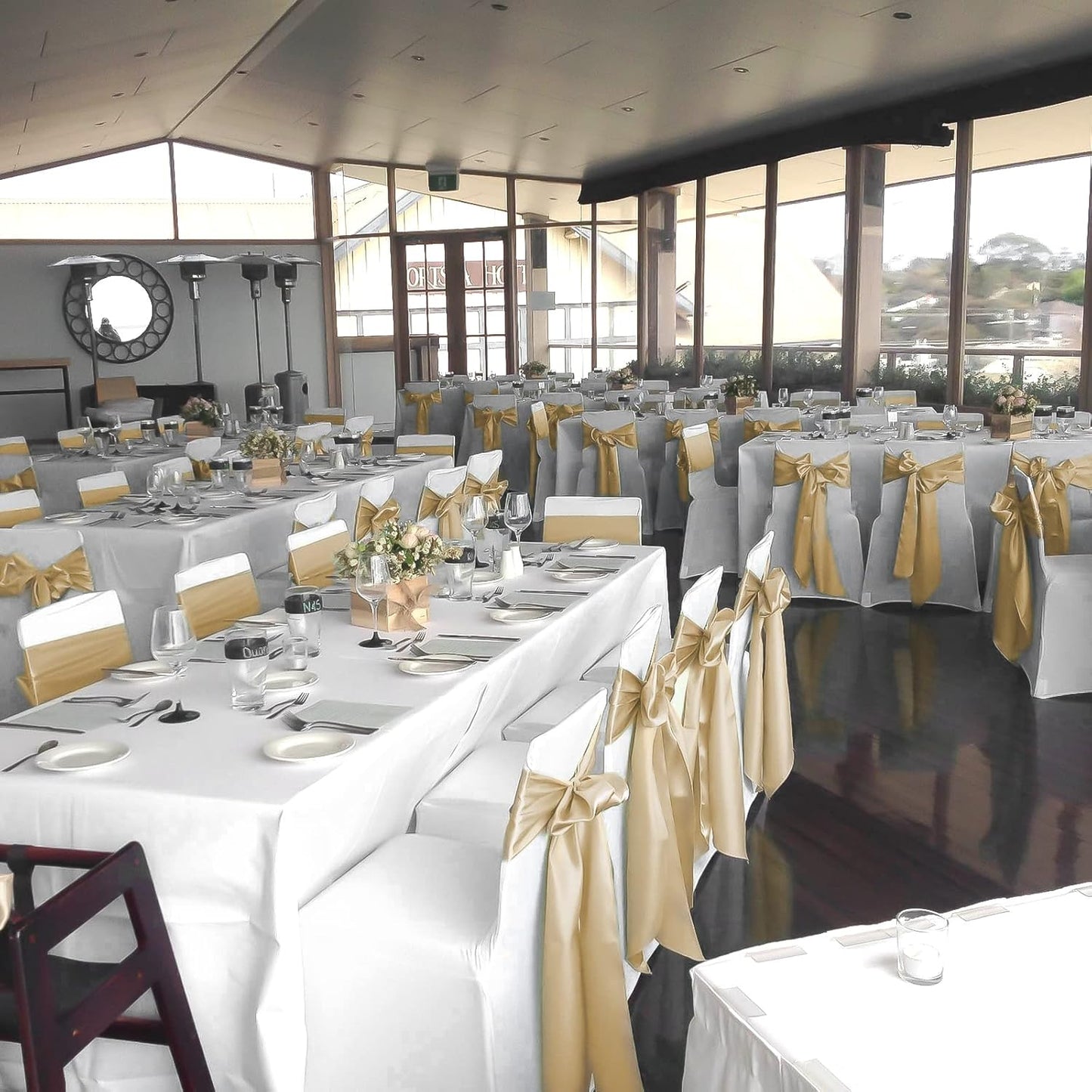 fani 120 PCS Champagne Satin Chair Sashes Bows Universal Chair Cover for Wedding Reception Restaurant Event Decoration Banquet,Party,Hotel Event Decorations (7 x 108 inch)